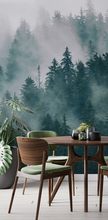 misty forest mural in living room