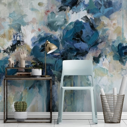 navy floral mural in home office