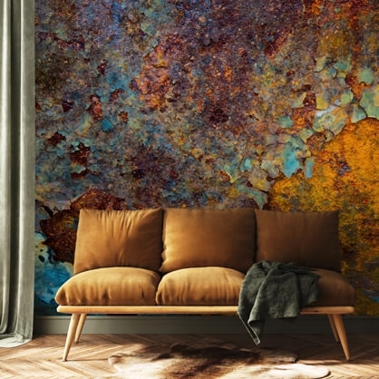 rust effect mural in living room