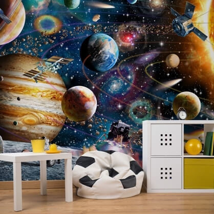 space wallpaper in kids bedroom