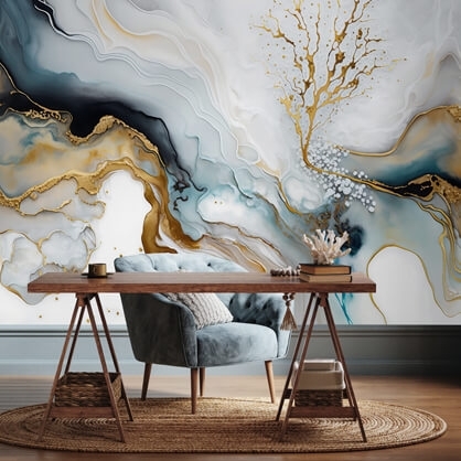 blue and gold watercolour mural in home office