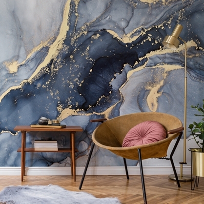 beautiful blue watercolour wallpaper in living room