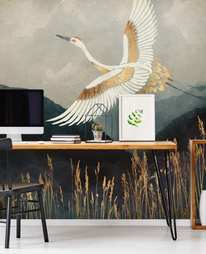 gold and navy customisable oriental wallpaper called Elegant Flight by SpaceFrog Designs for living rooms or bedrooms gold and navy customisable oriental wallpaper called Elegant Flight by SpaceFrog Designs for living rooms or bedrooms