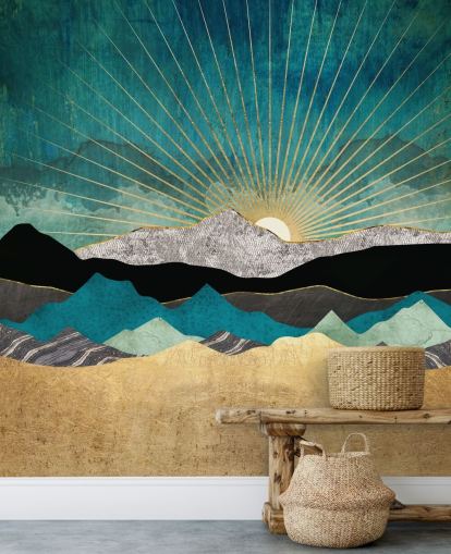 gold and teal abstract mountain wallpaper mural called Peacock Vista by SpaceFrog Designs for offices, bedrooms and bathrooms gold and teal abstract mountain wallpaper mural called Peacock Vista by SpaceFrog Designs for offices, bedrooms and bathrooms