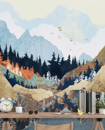 mountains, trees and birds abstract wallpaper mountains, trees and birds abstract wallpaper