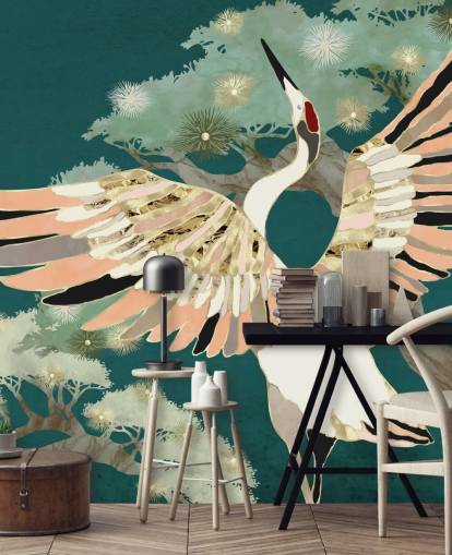 green background with oriental trees and white crane with pink and gold coloured wings wallpaper green background with oriental trees and white crane with pink and gold coloured wings wallpaper