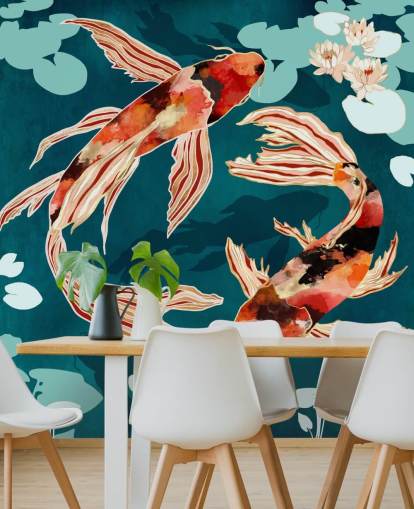 Orange koi swimming in a blue pond with turquoise lily pads Orange koi swimming in a blue pond with turquoise lily pads