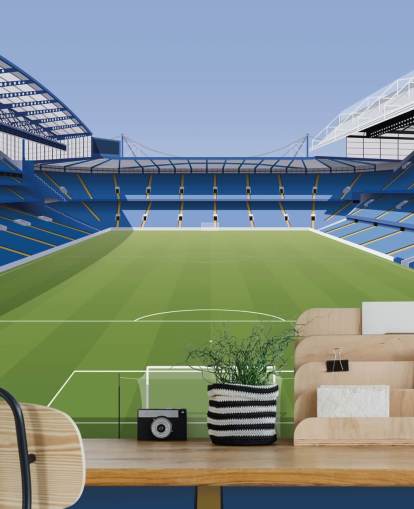 blue and green Chelsea wallpaper mural called Stamford Bridge Football Stadium by Matthew J I Wood Design & Illustration for kids bedrooms blue and green Chelsea wallpaper mural called Stamford Bridge Football Stadium by Matthew J I Wood Design & Illustration for kids bedrooms