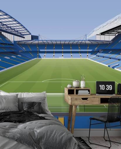 blue and green Chelsea wallpaper mural called Stamford Bridge Football Stadium by Matthew J I Wood Design & Illustration for kids bedrooms blue and green Chelsea wallpaper mural called Stamford Bridge Football Stadium by Matthew J I Wood Design & Illustration for kids bedrooms