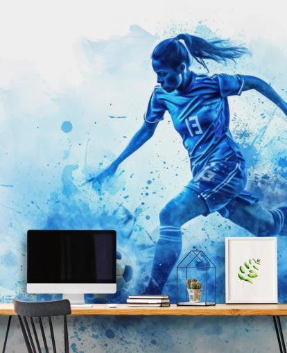 blue customisable soccer wall mural called Blue Watercolour Footballer for children's bedrooms blue customisable soccer wall mural called Blue Watercolour Footballer for children's bedrooms