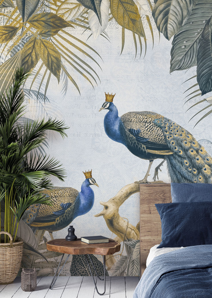 peacocks with crowns in jungle wall mural in trendy bedroom