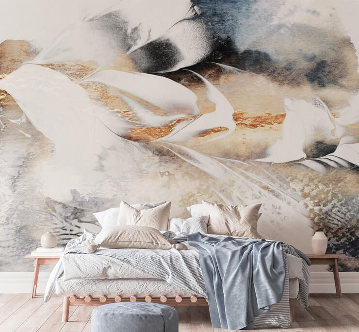 abstract painting with white, gold color and inky black wallpaper in bedroom with light wood bed and white and grey bedding