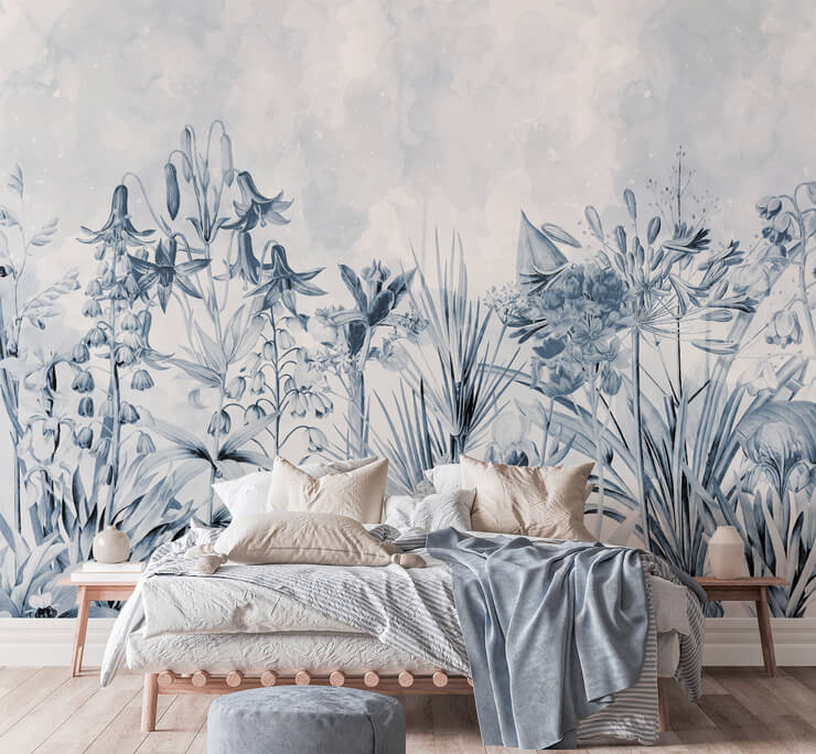 floral blue wallpaper in blue color therapy styled bedroom