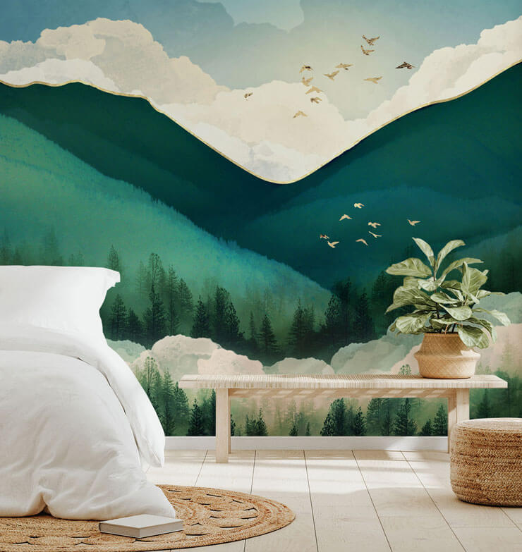 color therapy green mountain wallpaper with white bed
