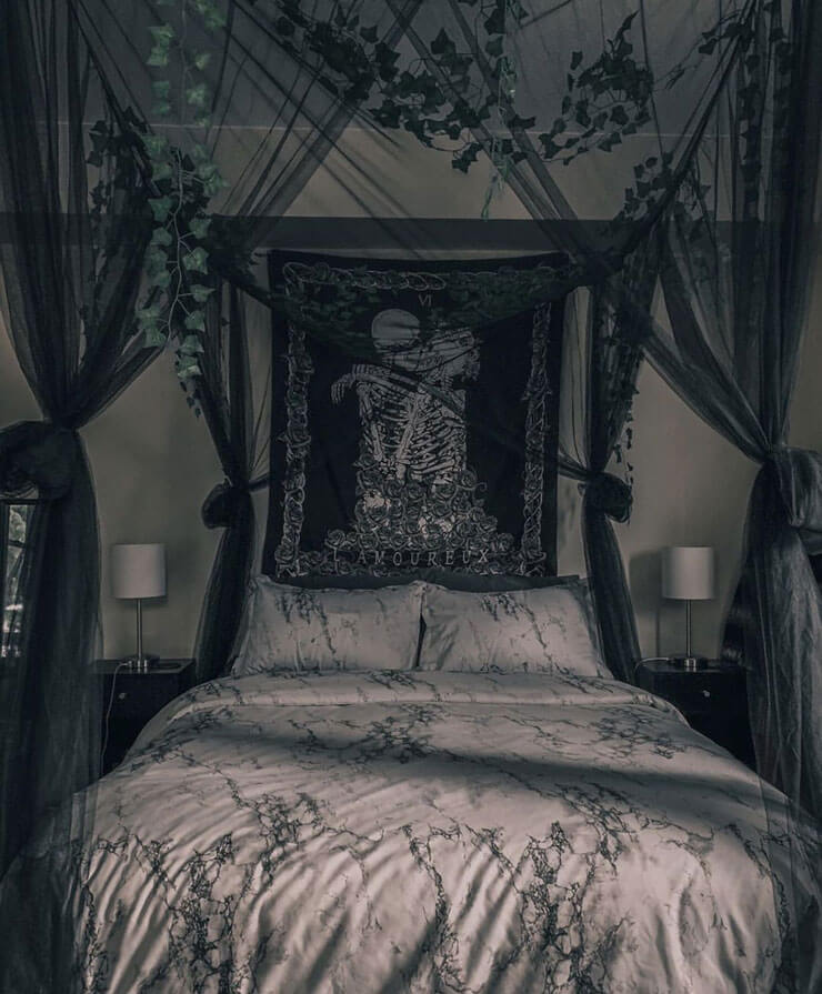 Black gothic bedroom with black voile curtains