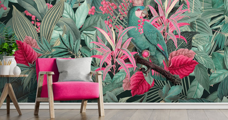 Pantone color of the year 2023 inspired wallpaper with green jungle leaves and viva magenta complementing flowers wallpaper with a pink chair