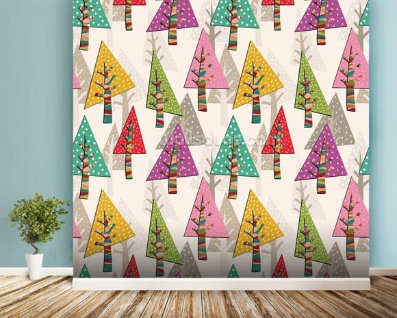 Colourful Christmas Trees Wallpaper Mural | Wallsauce