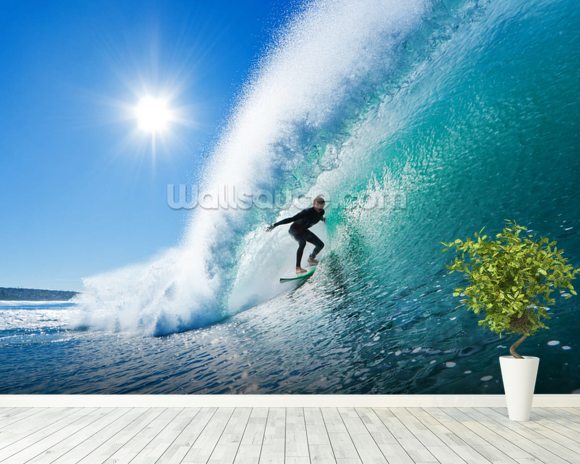 Surfer on Blue Ocean Wave & Wall Mural - | Wallsauce USA