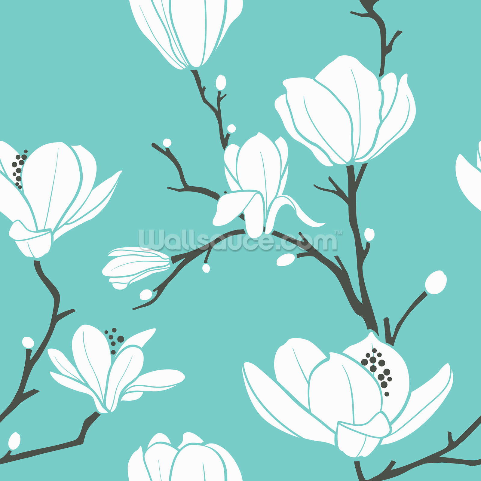 Magnolias on Blue Wallpaper Wall Mural | Wallsauce UK