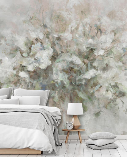 hvidt tilpassbart blomstertapet vægmaleri kaldet Blooming Textures af Carol Robinson til badeværelser, soveværelser og lounger hvidt tilpassbart blomstertapet vægmaleri kaldet Blooming Textures af Carol Robinson til badeværelser, soveværelser og lounger