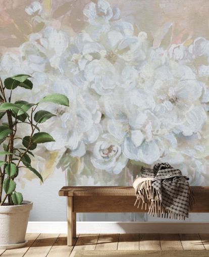 hvidt tilpassbart blomstertapet vægmaleri kaldet Sun Bleached Bouquet til stuer og køkkener hvidt tilpassbart blomstertapet vægmaleri kaldet Sun Bleached Bouquet til stuer og køkkener
