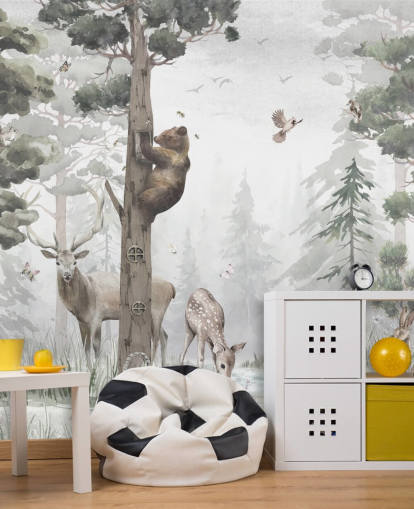 green, white and brown customizable children's forest wallpaper mural called In the Middle of the Forest by Ms. Tiff for nurseries and bedrooms green, white and brown customizable children's forest wallpaper mural called In the Middle of the Forest by Ms. Tiff for nurseries and bedrooms