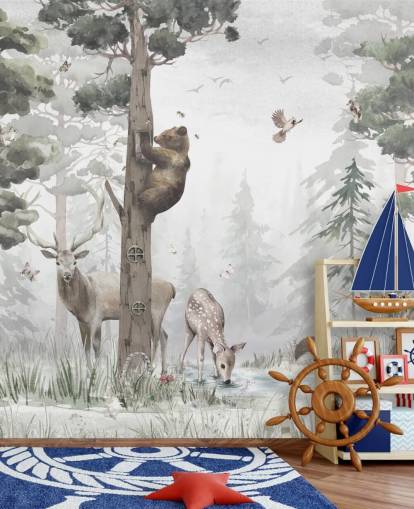 carta da parati murale personalizzabile per bambini con foresta verde, bianca e marrone chiamata In the Middle of the Forest di Ms. Tiff per asili nido e camere da letto carta da parati murale personalizzabile per bambini con foresta verde, bianca e marrone chiamata In the Middle of the Forest di Ms. Tiff per asili nido e camere da letto