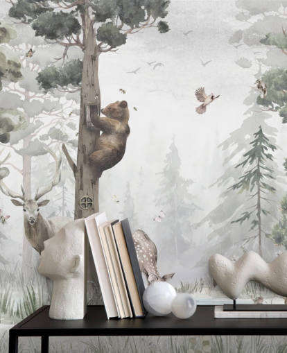 green, white and brown customisable children's forest wallpaper mural called In the Middle of the Forest by Ms. Tiff for nurseries and bedrooms green, white and brown customisable children's forest wallpaper mural called In the Middle of the Forest by Ms. Tiff for nurseries and bedrooms