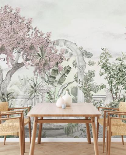 rosa-weiße Gartentapete namens Pink Garden Landscape von Ms. Tiff für Wohn- und Schlafzimmer rosa-weiße Gartentapete namens Pink Garden Landscape von Ms. Tiff für Wohn- und Schlafzimmer