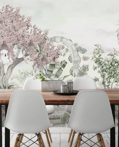 pink and white garden wallpaper mural called Pink Garden Landscape by Ms. Tiff for living rooms and bedrooms pink and white garden wallpaper mural called Pink Garden Landscape by Ms. Tiff for living rooms and bedrooms