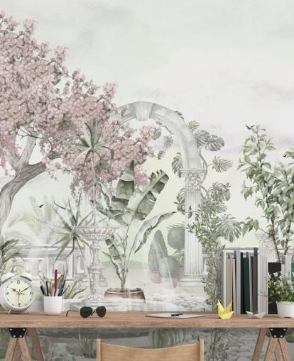 lyserødt og hvidt havetapetmaleri kaldet Pink Garden Landscape af Ms. Tiff til stuer og soveværelser lyserødt og hvidt havetapetmaleri kaldet Pink Garden Landscape af Ms. Tiff til stuer og soveværelser