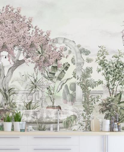 pink and white garden wallpaper mural called Pink Garden Landscape by Ms. Tiff for living rooms and bedrooms pink and white garden wallpaper mural called Pink Garden Landscape by Ms. Tiff for living rooms and bedrooms
