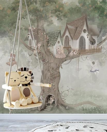 papier peint mural vert pour enfants appelé Treehouse Imagination par Mme Tiff pour les crèches et les chambres d'enfants papier peint mural vert pour enfants appelé Treehouse Imagination par Mme Tiff pour les crèches et les chambres d'enfants