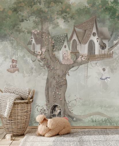 green kids fairy wallpaper mural called Treehouse Imagination by Ms. Tiff for nurseries and children's bedrooms green kids fairy wallpaper mural called Treehouse Imagination by Ms. Tiff for nurseries and children's bedrooms