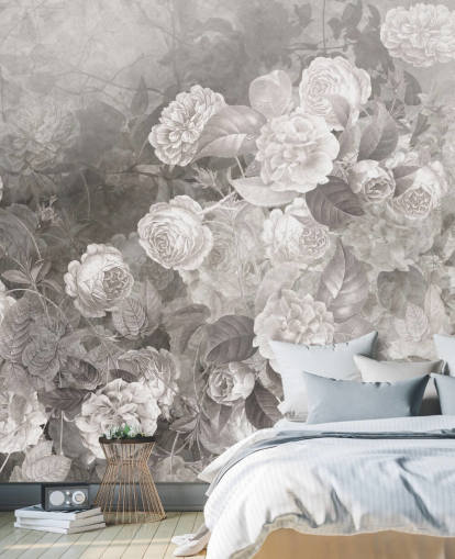 mural de papel de parede rosa personalizável em preto e branco chamado A Kiss of Roses da Sra. Tiff para corredores e escritórios domésticos mural de papel de parede rosa personalizável em preto e branco chamado A Kiss of Roses da Sra. Tiff para corredores e escritórios domésticos