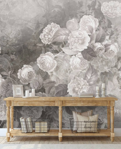 sort/hvidt tilpassbart rose tapetmaleri kaldet A Kiss of Roses af Ms. Tiff til gange og hjemmekontorer sort/hvidt tilpassbart rose tapetmaleri kaldet A Kiss of Roses af Ms. Tiff til gange og hjemmekontorer