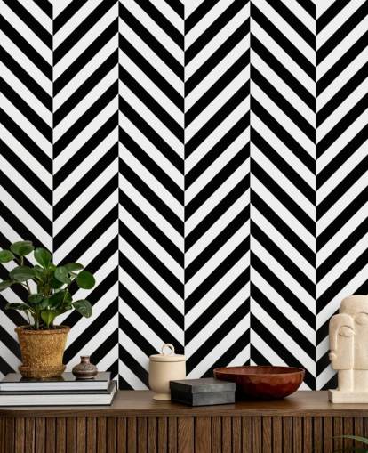 Personalisierbares schwarz-weißes Chevron-Tapeten-Wandbild namens Black and White Herringbone Personalisierbares schwarz-weißes Chevron-Tapeten-Wandbild namens Black and White Herringbone