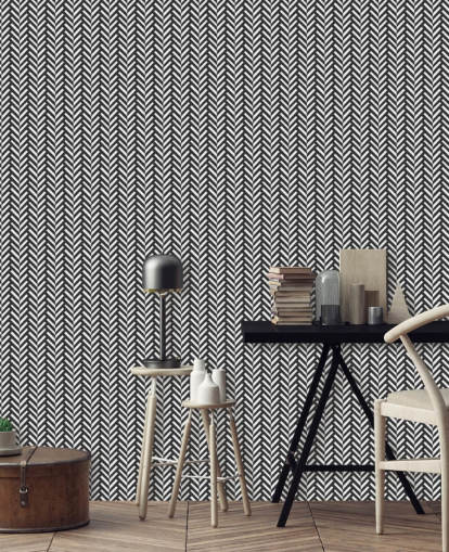 Graues und weißes, personalisierbares Wandbild mit Fischgrätmuster namens Grey Herringbone für Schlafzimmer und Heimbüros Graues und weißes, personalisierbares Wandbild mit Fischgrätmuster namens Grey Herringbone für Schlafzimmer und Heimbüros
