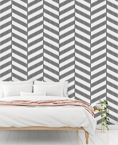 schwarz-weißes Fischgräten-Tapetenbild namens Coal Herringbone für Badezimmer und Küchen schwarz-weißes Fischgräten-Tapetenbild namens Coal Herringbone für Badezimmer und Küchen