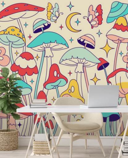 Buntes individuelles Retro-Tapeten-Wandbild namens Groovy Mushrooms für Schlafzimmer Buntes individuelles Retro-Tapeten-Wandbild namens Groovy Mushrooms für Schlafzimmer