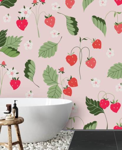 murale personalizzato con fragole rosa e rosse chiamato Wild Strawberries per cucine e asili nido murale personalizzato con fragole rosa e rosse chiamato Wild Strawberries per cucine e asili nido