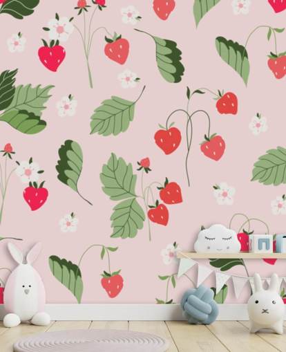 mural de parede de morango personalizado rosa e vermelho chamado Wild Strawberries para cozinhas e creches mural de parede de morango personalizado rosa e vermelho chamado Wild Strawberries para cozinhas e creches