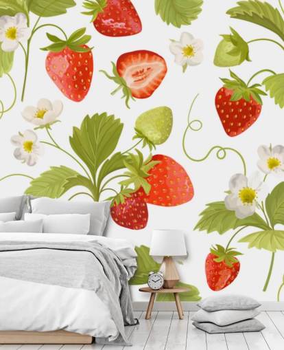 mural de papel de parede de cozinha personalizável vermelho, branco e verde chamado Growing Strawberries mural de papel de parede de cozinha personalizável vermelho, branco e verde chamado Growing Strawberries