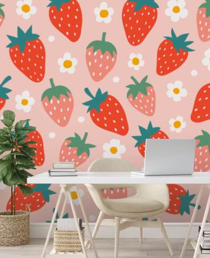 pink and red customisable strawberry wallpaper mural called Summer Strawberry for kitchens and kids rooms pink and red customisable strawberry wallpaper mural called Summer Strawberry for kitchens and kids rooms