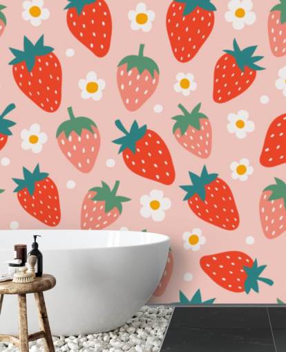 pink and red customisable strawberry wallpaper mural called Summer Strawberry for kitchens and kids rooms pink and red customisable strawberry wallpaper mural called Summer Strawberry for kitchens and kids rooms