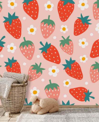 pink and red customisable strawberry wallpaper mural called Summer Strawberry for kitchens and kids rooms pink and red customisable strawberry wallpaper mural called Summer Strawberry for kitchens and kids rooms