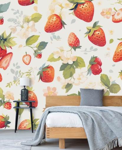 rode, witte en groene fruitbehangmuurschildering op maat genaamd Scrumptious Strawberries voor keukens rode, witte en groene fruitbehangmuurschildering op maat genaamd Scrumptious Strawberries voor keukens
