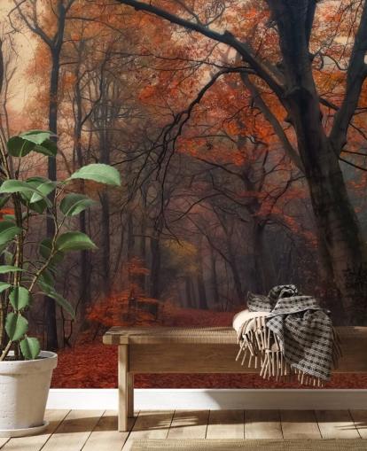 orange och brun skog tapetväggmålning kallad Decorative Forest för sovrum, hemmakontor och lounger orange och brun skog tapetväggmålning kallad Decorative Forest för sovrum, hemmakontor och lounger