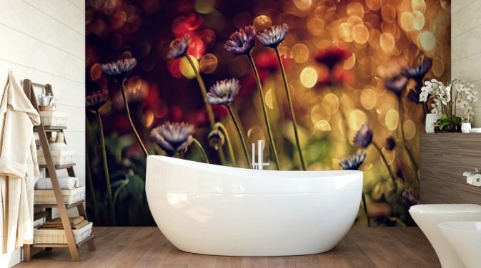 Purple Flowers against Red Flower Wallpaper