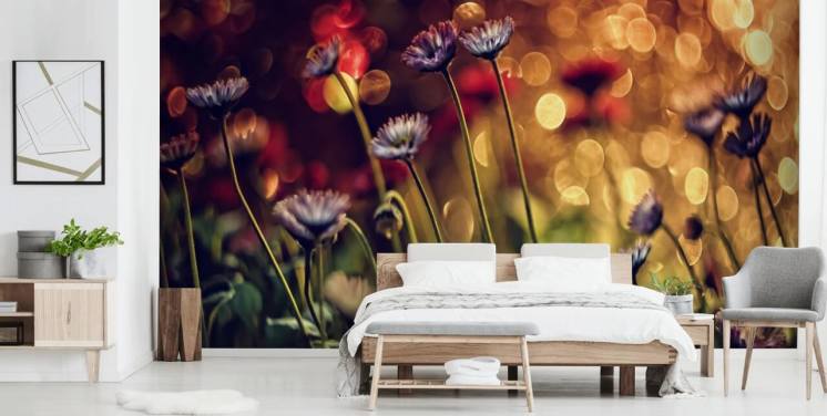 Purple Flowers against Red Flower Wallpaper